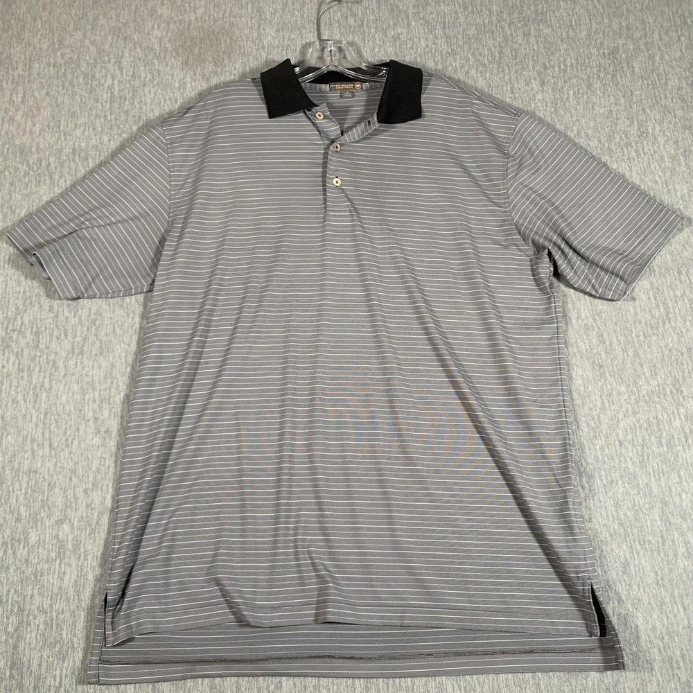 Peter Millar Polo‎ Shirt Mens Large Gray Stripe Summer Comfort Golf Stretch